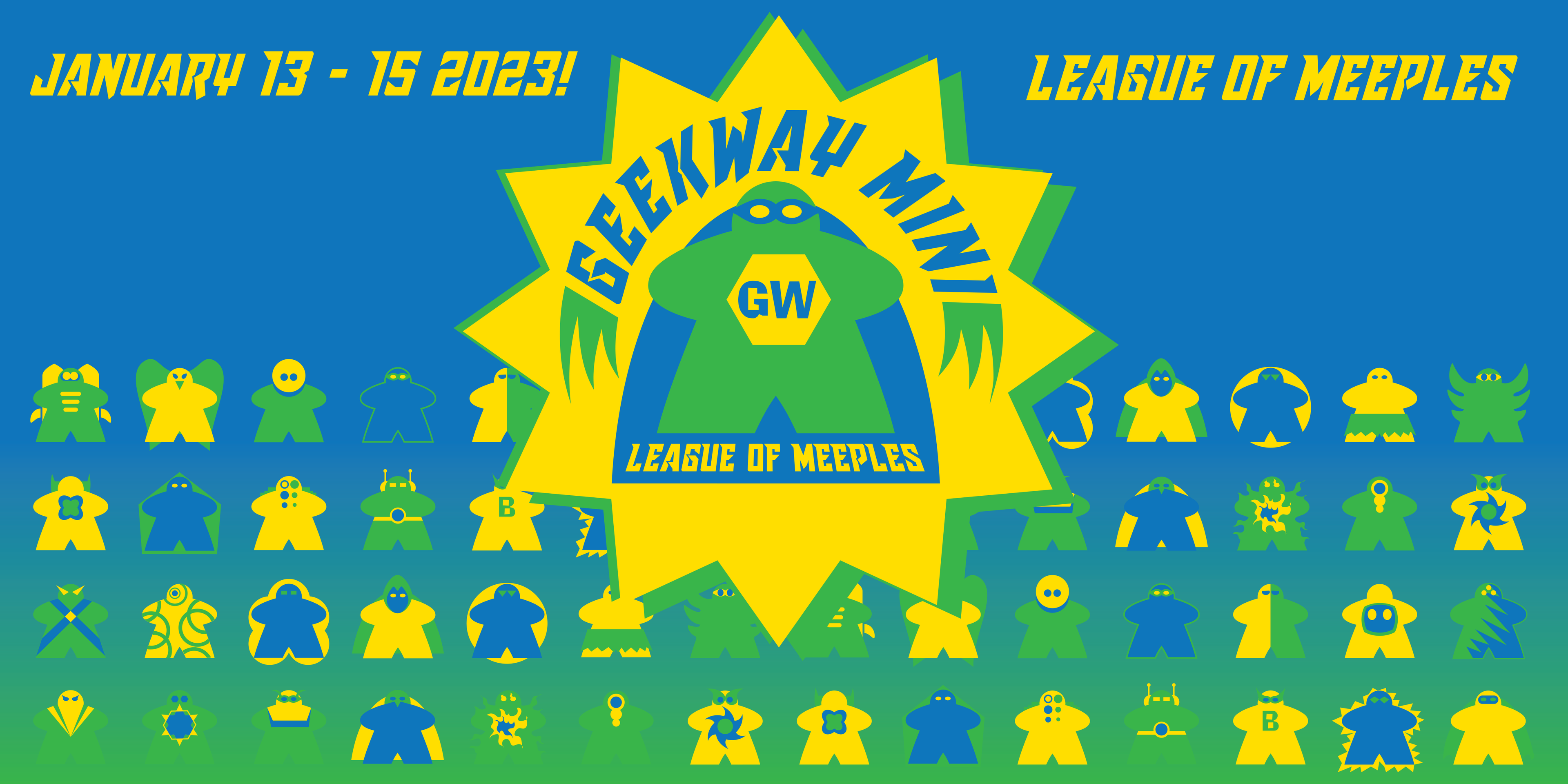 "Geekway Mini 2023: League of Meeples" logo with character illustrations and event details.