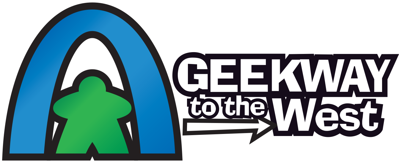 Logo for 'Geekway to the West' with a blue arch and green figure on a white background
